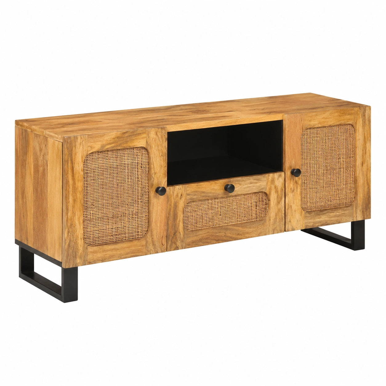 Mobile TV con ante in legno massello di mango 105 × 33 × 46 cm con cassetti e ante girevoli per soggiorno
