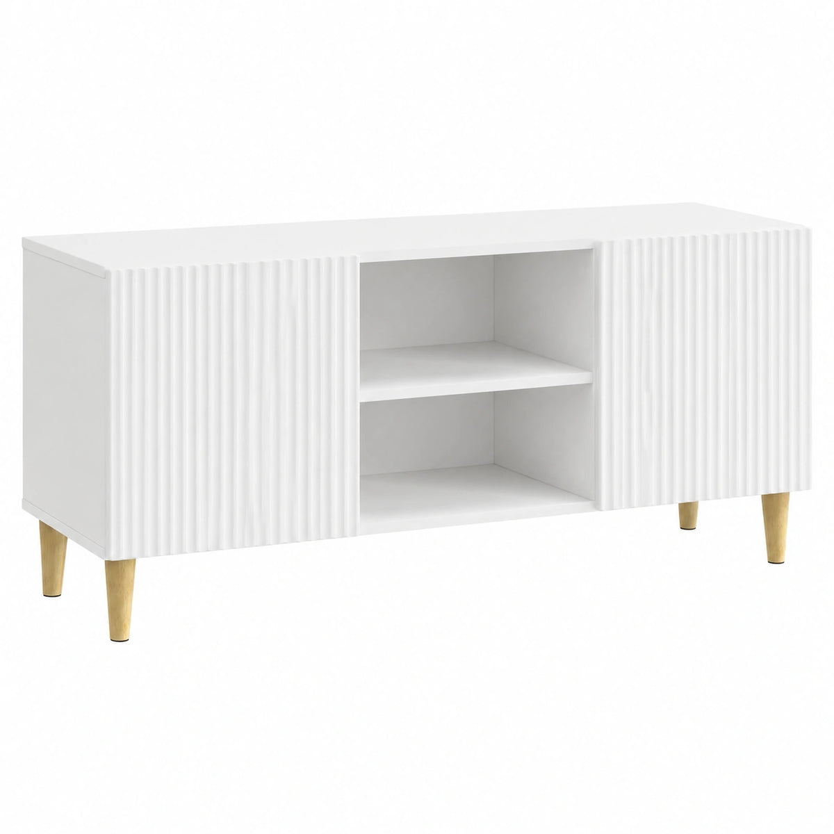 Mobile TV basso bianco lucido, 102 × 34,5 × 50 cm, in legno, moderno mobile TV con ante girevoli e gambe coniche, elegante tavolino per TV