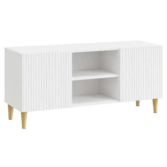 Mobile TV basso bianco lucido, 102 × 34,5 × 50 cm, in legno, moderno mobile TV con ante girevoli e gambe coniche, elegante tavolino per TV