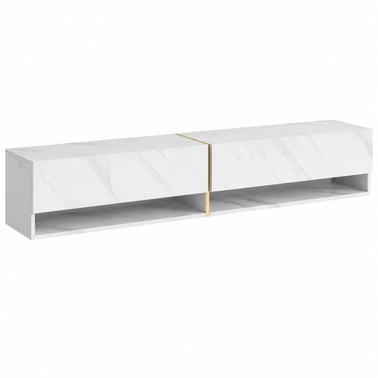 Mobile TV Sospeso Con 2 Ante 2 Cassetti Mobile Porta TV Per Soggiorno Camera Da Letto 200 cm Marmo Bianco Con Inserto Dorato Mirrgo