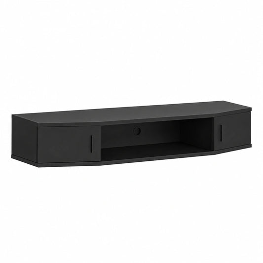 Mensola TV Sospesa a Muro Consolle Porta TV e Centri Multimediali Mobile da Parete 2 Ante Scomparto e Fori Passacavi 17,5 × 110 × 30 cm Nero