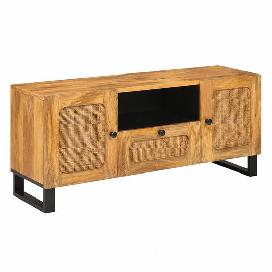 Mobile TV con ante in legno massello di mango 105 × 33 × 46 cm con cassetti e ante girevoli per soggiorno