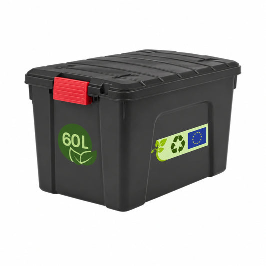 Contenitore in plastica, contenitore per garage da 60 litri, Lotto di 3, SIA-60, nero, impilabile, clip di chiusura - L59 x P39,5 x A35,5 cm